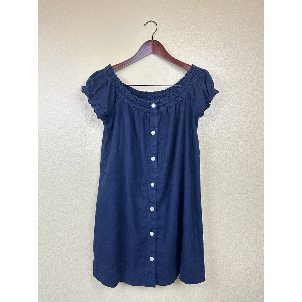 LOFT Navy Button Down Dress S Linen Blend Off The Shoulder Short Sleeve Woven